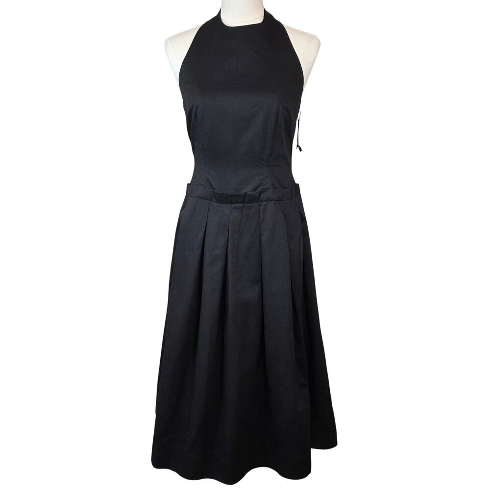 Mila Mae Black Sleeveless Pleated Cotton Midi Halter Dress w/Back Zip